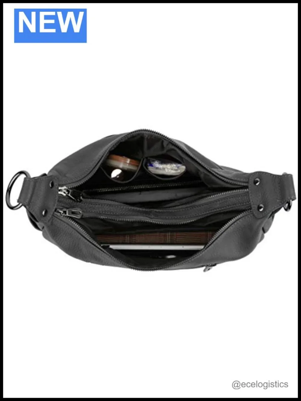 Genuine Leather Hobo Shoulder Bag with 2 Compartments & Pockets